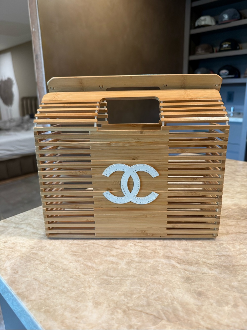 Bamboo Slatted Tote with White Logo Accent